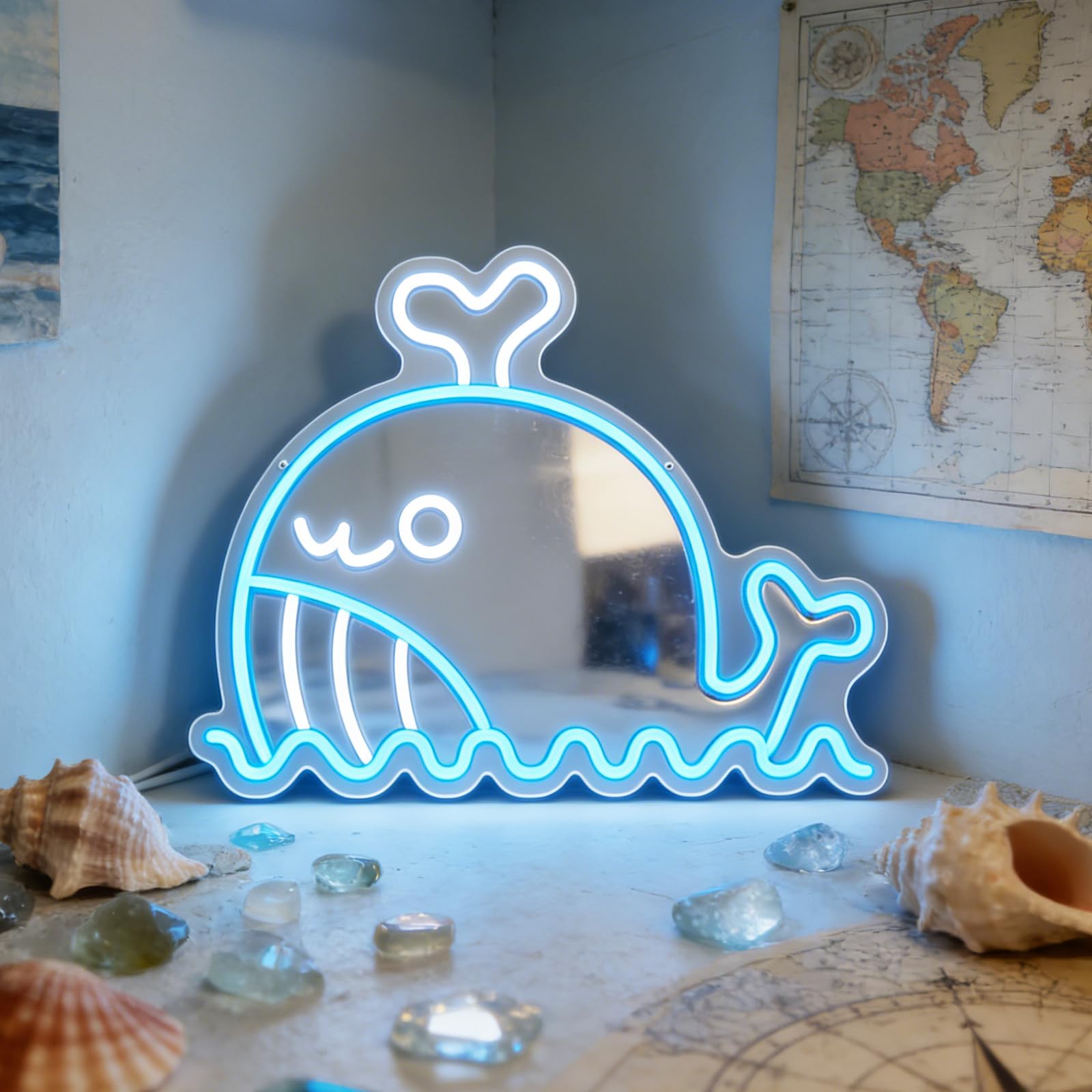 Dreamy Whale Shape USB Mirror LED neonowy znak, wisząca dekoracja pokoju dziecięcego o tematyce oceanu, miękka lampka nocna, kreatywna lampa nastrojowa do salonu/sypialni, prezent i dekoracja (biały +