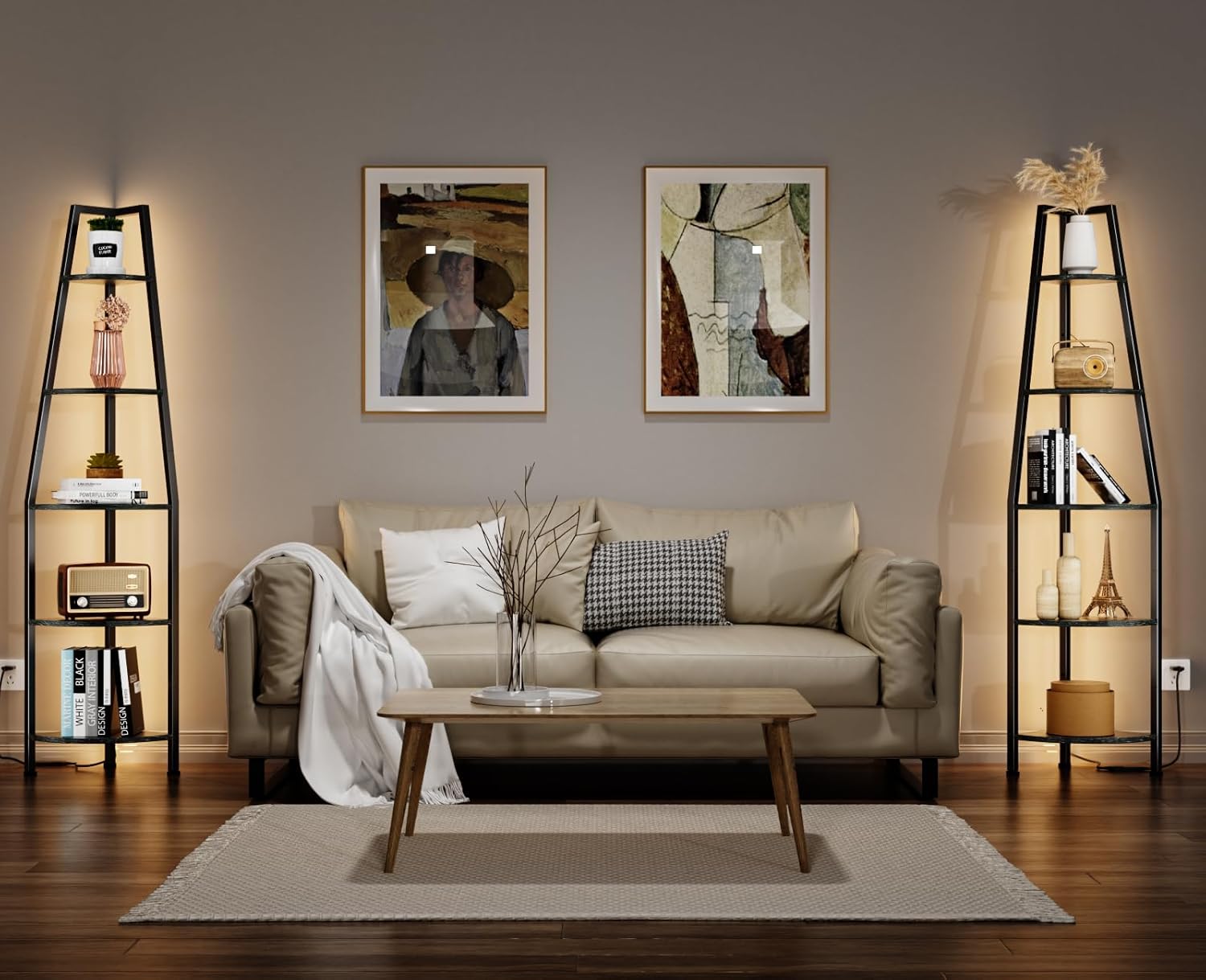 Furnulem 5 Tier Corner Shelf with LED Light, 67.2” Tall Standing Shelf for Wall Corner, Narrow Bookshelf Ladder Shelf for Bedroom, Living Room, Plant, Wood Storage Rack, Metal Frame (Black Oak)