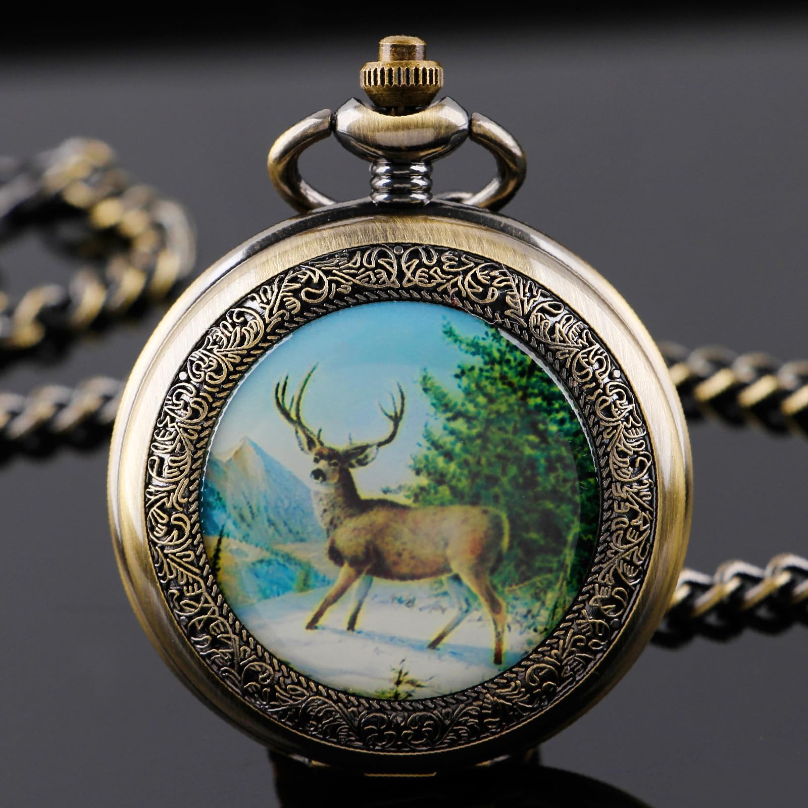 Deer Pattern Customized Pocket Watch Bronze Alloy Men Personalized Quartz Watch with Chain Retro Arabic Numeral Clock