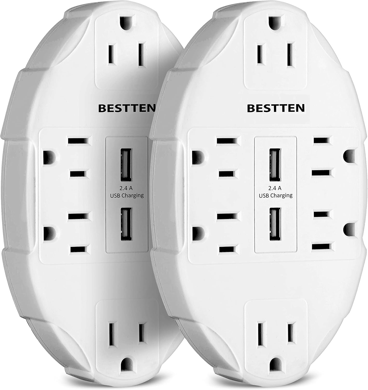 [2 Pack] BESTTEN 3.1A USB Wall Outlet Surge Protector with Dual USB Charging Ports and 6 Spaced Outlets, 15A/125V/1875W, ETL Listed, White