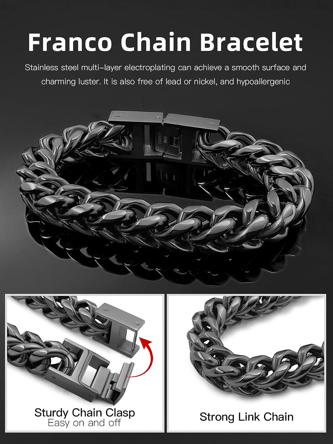Mens Franco Chain Bracelet - 5MM, 8MM, 10MM Width - Stainless Steel/Black Metal/18K Gold Metal - Fold Over Clasp Jewelry Gift for Men, Dad, Husband image 4