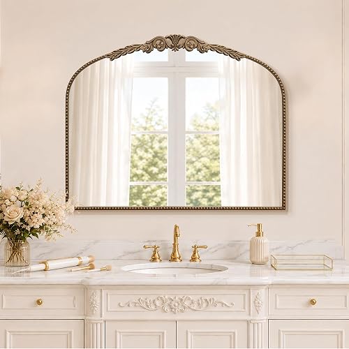 Besdomus Large Vintage Arched Mirror: 36"x29" French Gold Bathroom Mirror
