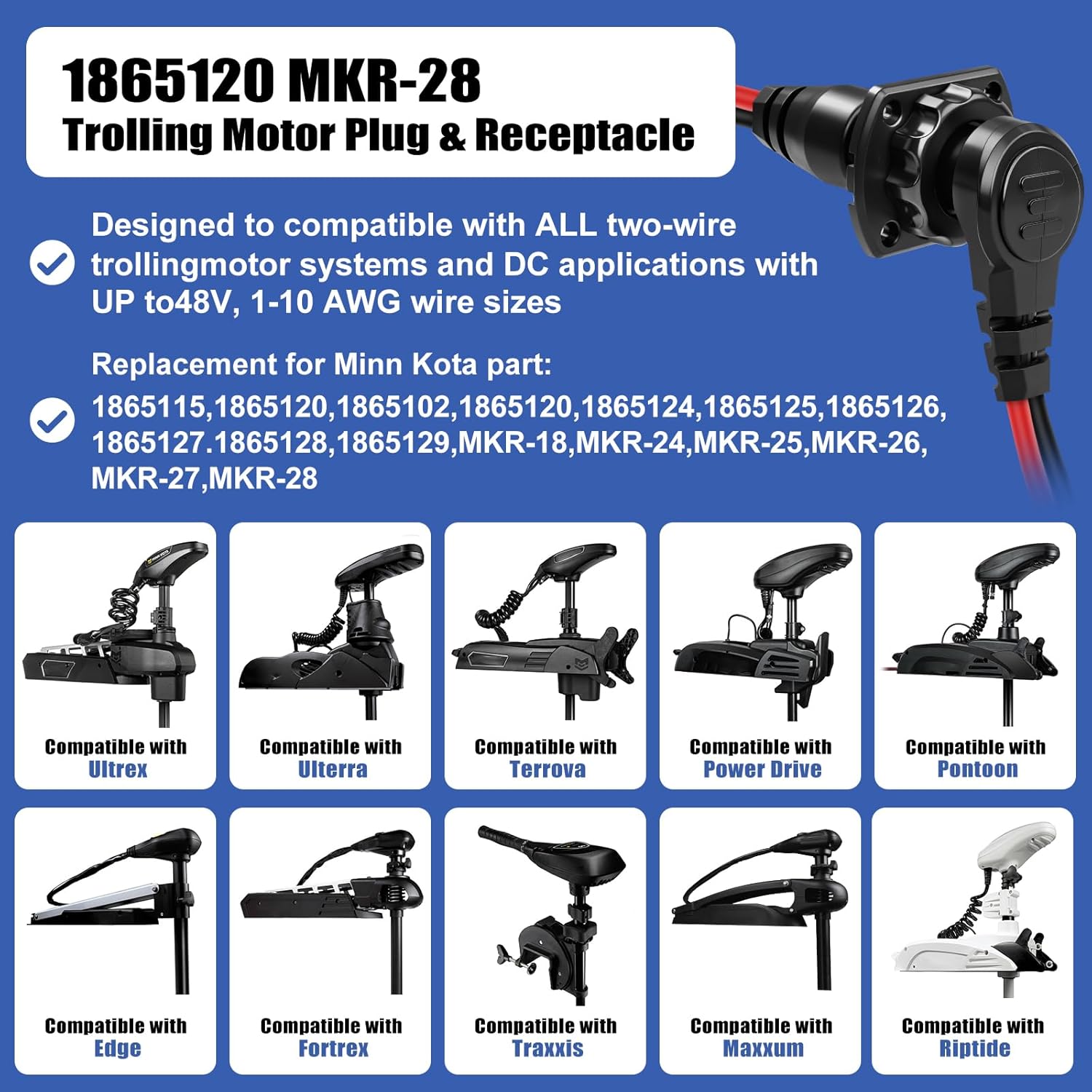 MKR-27 60 AMP Circuit Breaker 1865115 &1865120 MKR-28 Trolling Motor Plug for Minn Kota Freshwater and Saltwater Marine Battery Boat Accessory Waterproof 12V 24V 36V 48V