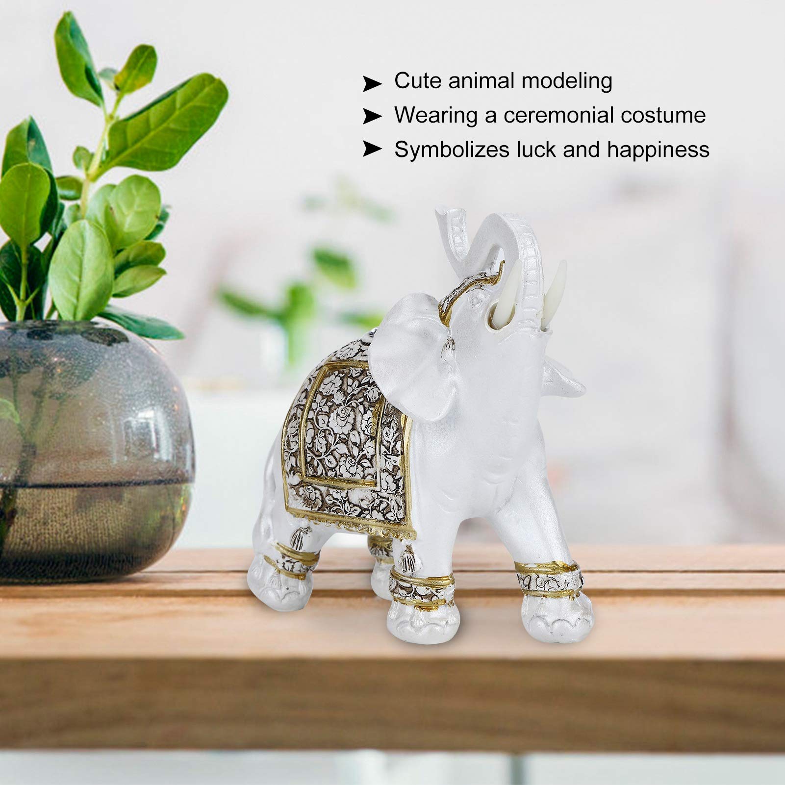 Buachois Lucky Elephant Figurine Resin Feng Shui Golden Sculpture Wealth Lucky Elephant Figurine with Trunk Facing Upwards for Home Office Decoration Gold Flower Porcelain L - Image 3