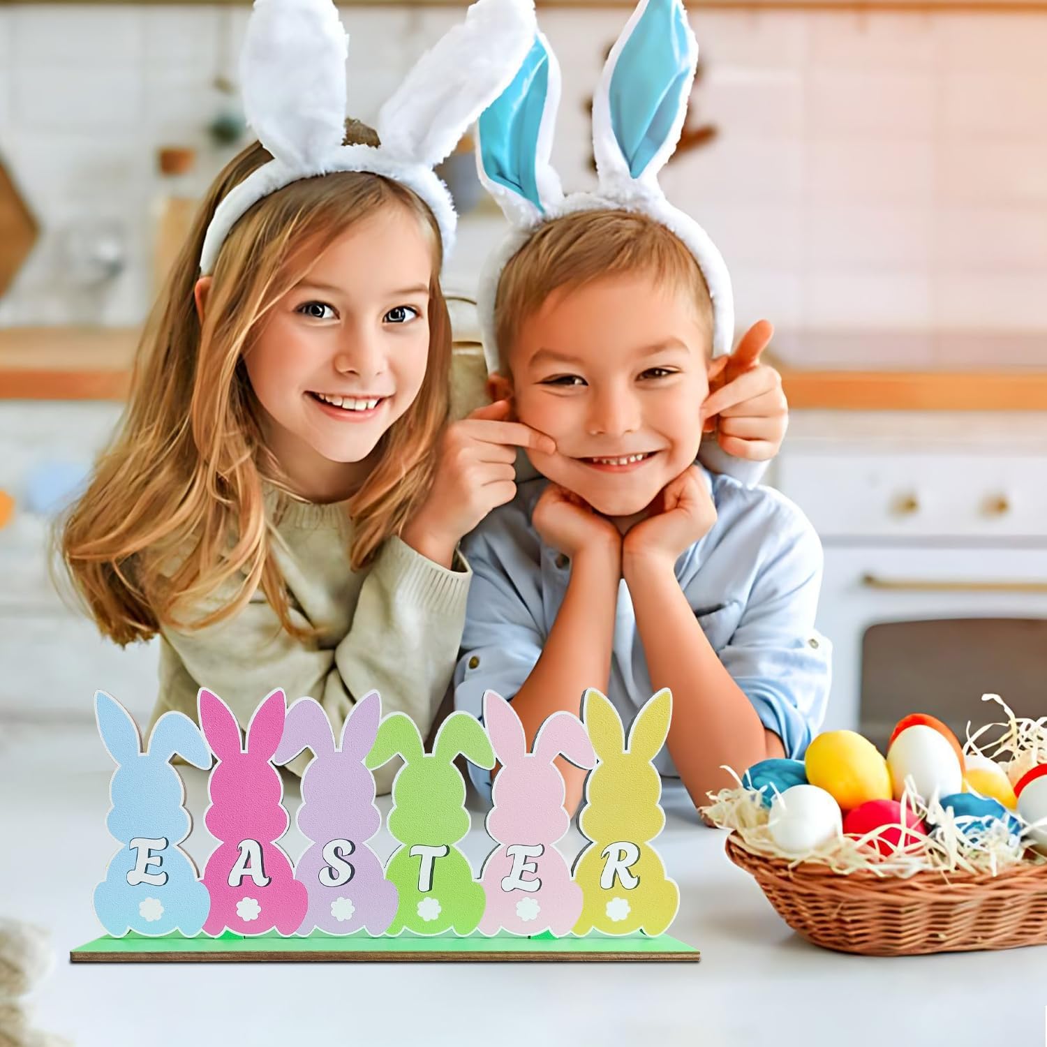 Easter Table Decorations Wooden Centerpiece 11.8 x 4.9 Inches Easter Bunny Decorations for Home Rustic Farmhouse Tabletop Tiered Tray Decor for Spring Easter Party Supplies, Multicolor