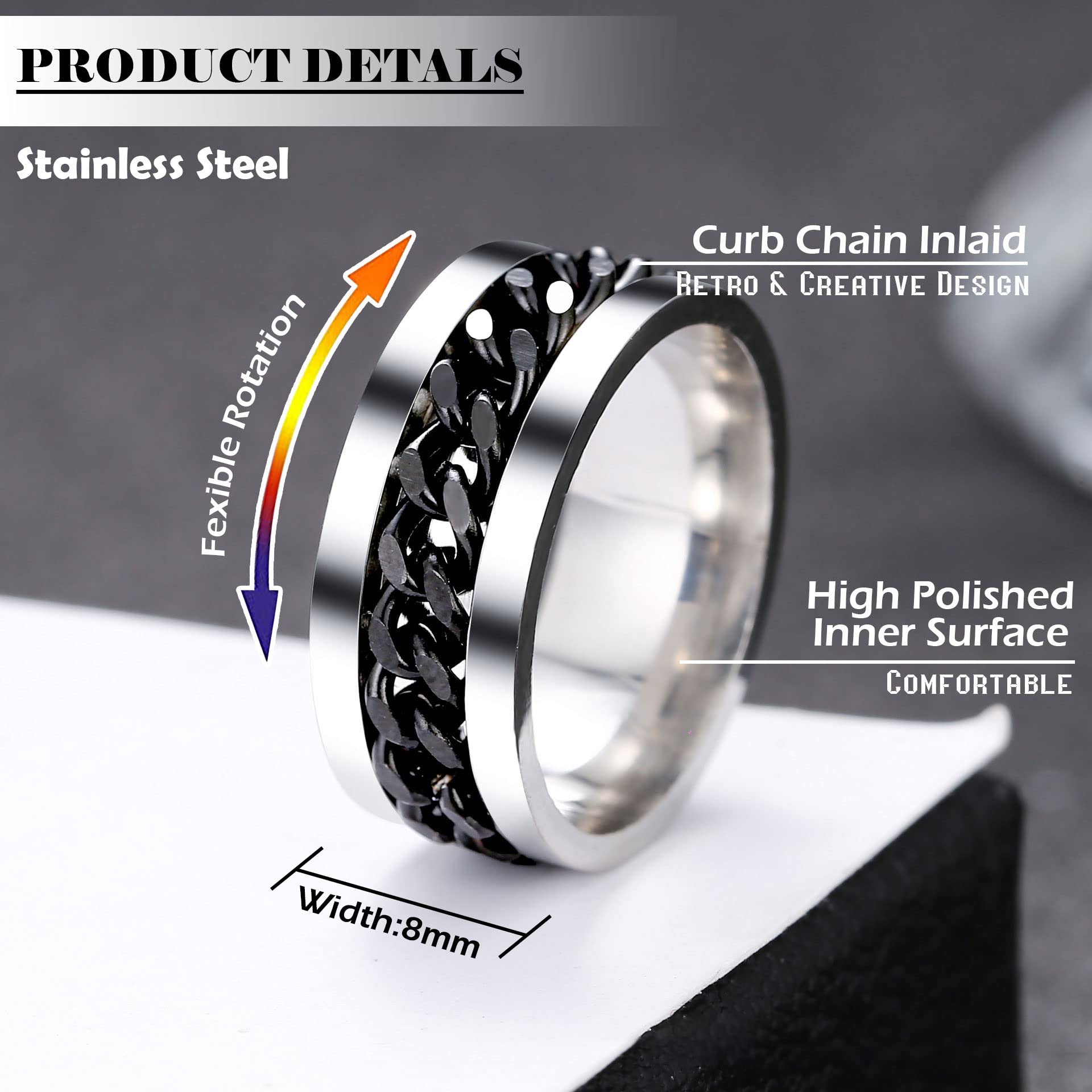 8 pcs Men Anillos de acero inoxidable Spinner, Anillos de Spinner Negro para Hombres Mujeres, Cool Anillos Ansiedad Cadena Hombres Anillos Set, 8mm de ancho