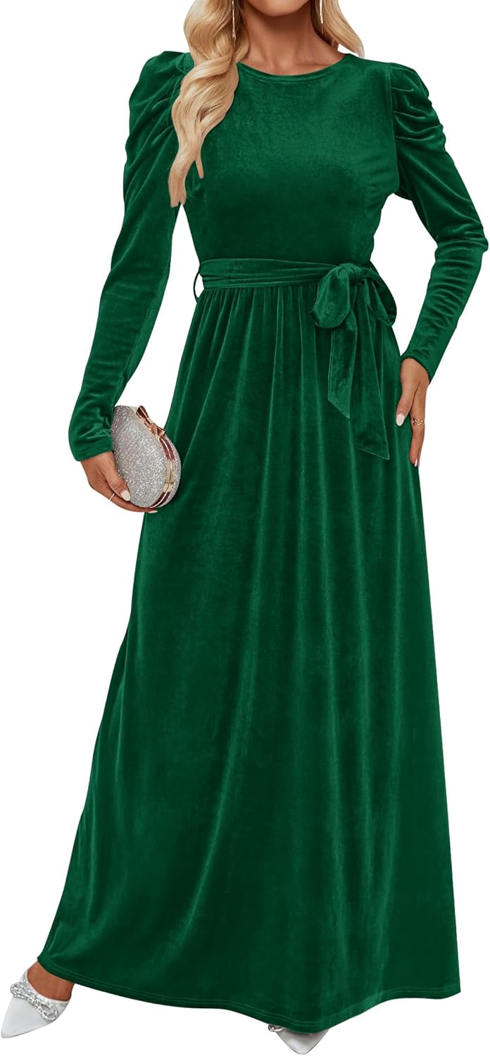 ZESICA Women's Velvet Maxi Dress Fall 2025 Long Puff Sleeve Crew Neck Elastic High Waist Cocktail Party Bridesmaid Dresses