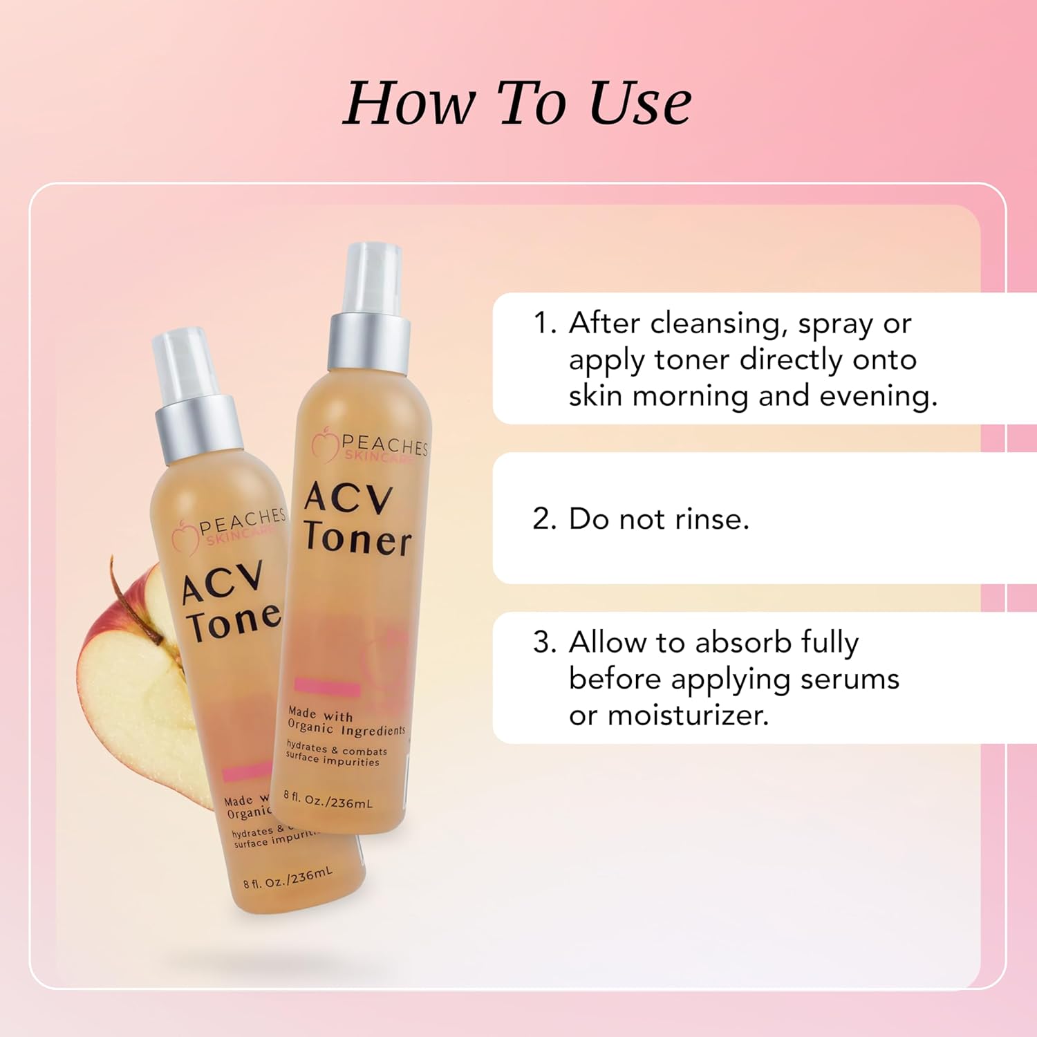 Peaches Skin Care Apple Cider Vinegar Face Toner - Vegan Facial Toner with Citrus Extracts – Gently Exfoliation for Healthy Skin – 8 oz