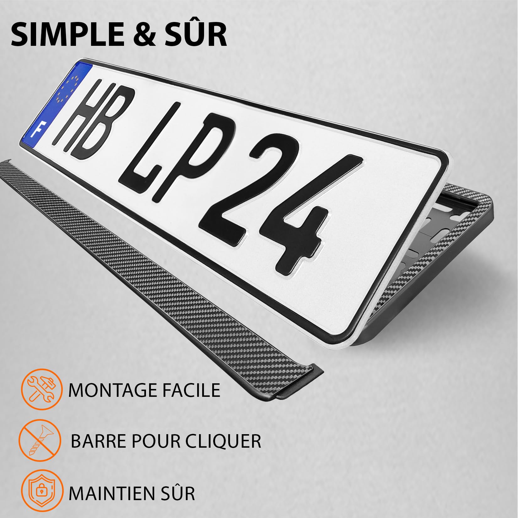 Lot de 2 - Supports de Plaque d'Immatriculation Voiture - [Simple, Rapide & sûr] - Porte Plaque Immatriculation pour Voiture - Auto Fixation pour Plaque - 52x11cm Discret Universel - Optique Carbone