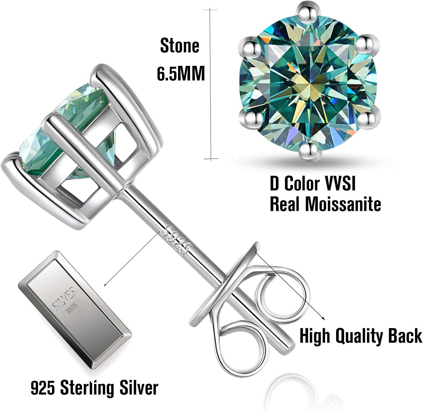 Sterling Silver Moissanite Earrings for Men Women, 2Ct Pair 6.5MM Round Cut Lab Imitation-diamond Stud Earrings 18K White Gold Plated Jewelry Gifts - Image 6