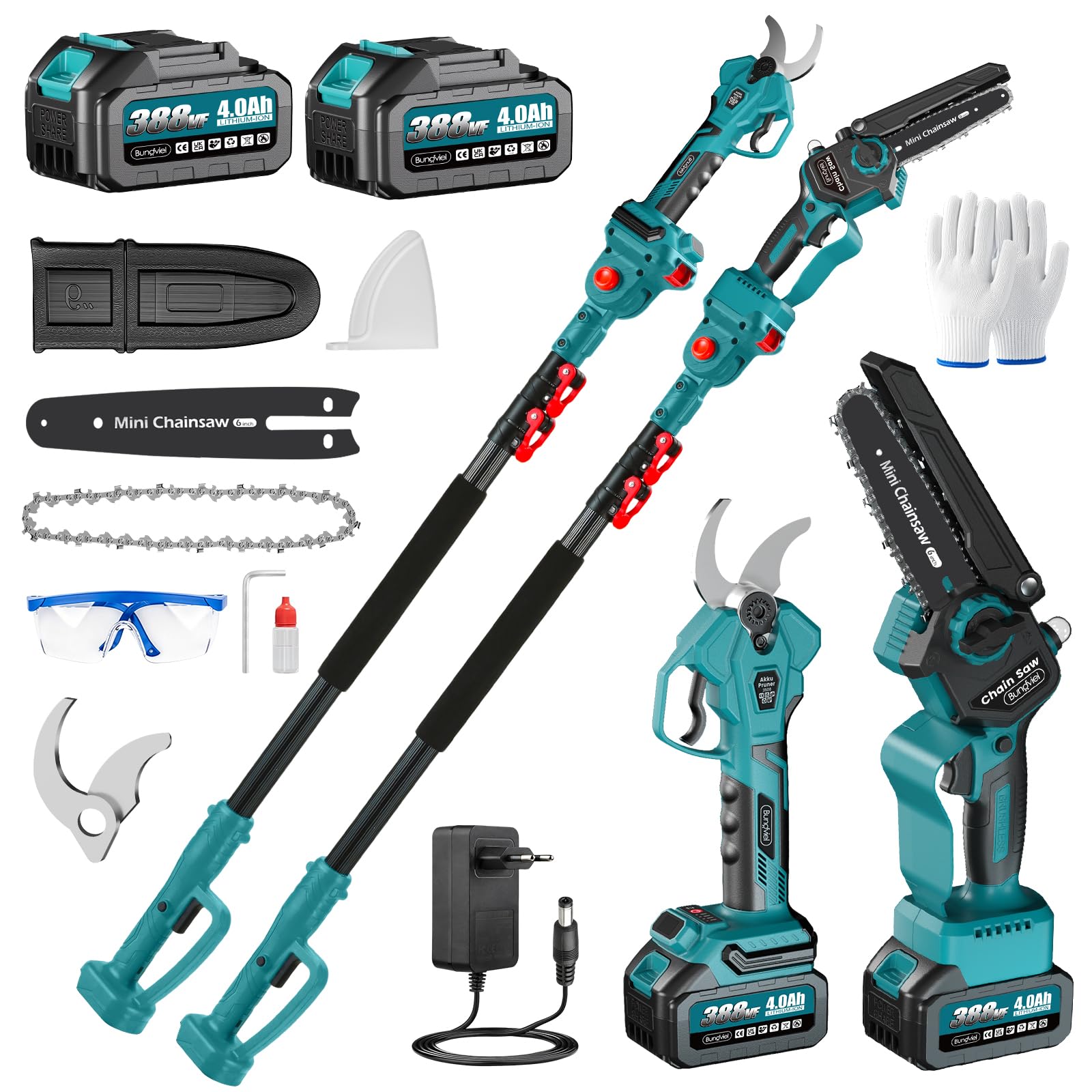 Potatore a batteria 4 in 1, compatibile con batteria Makita, mini motosega senza spazzole da 6 pollici e batteria da 40 mm, 2 x 4,0 Ah, portata massima fino a 4 m, per potatura di alberi da giardino