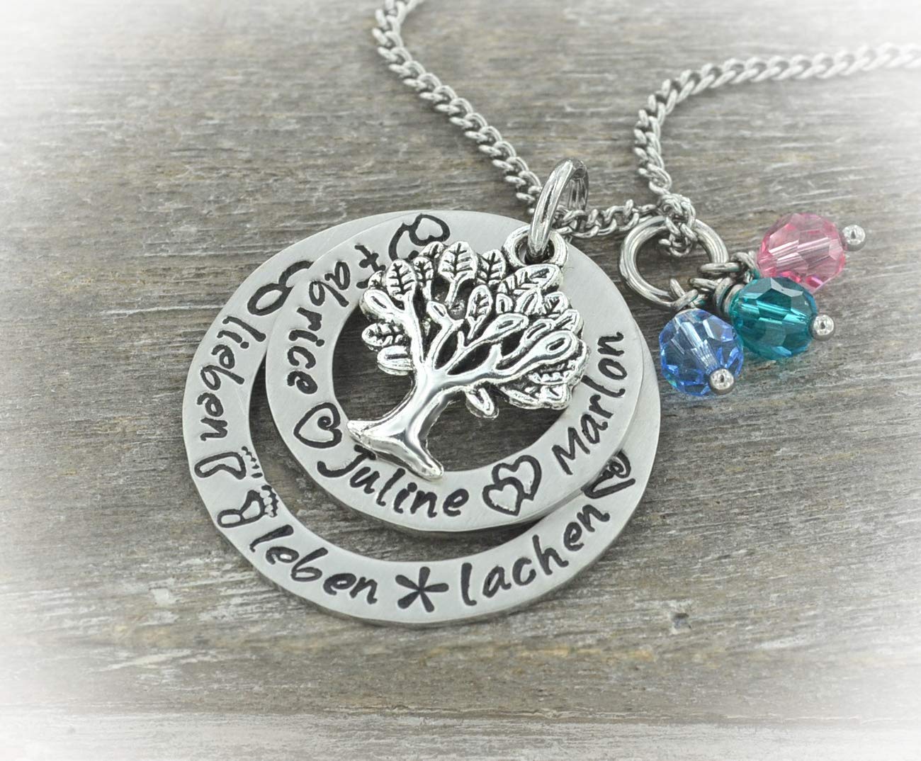Familienbaum Kette mit Gravur Namen der Familie und Monatssteinen, personalisierbare Familienkette