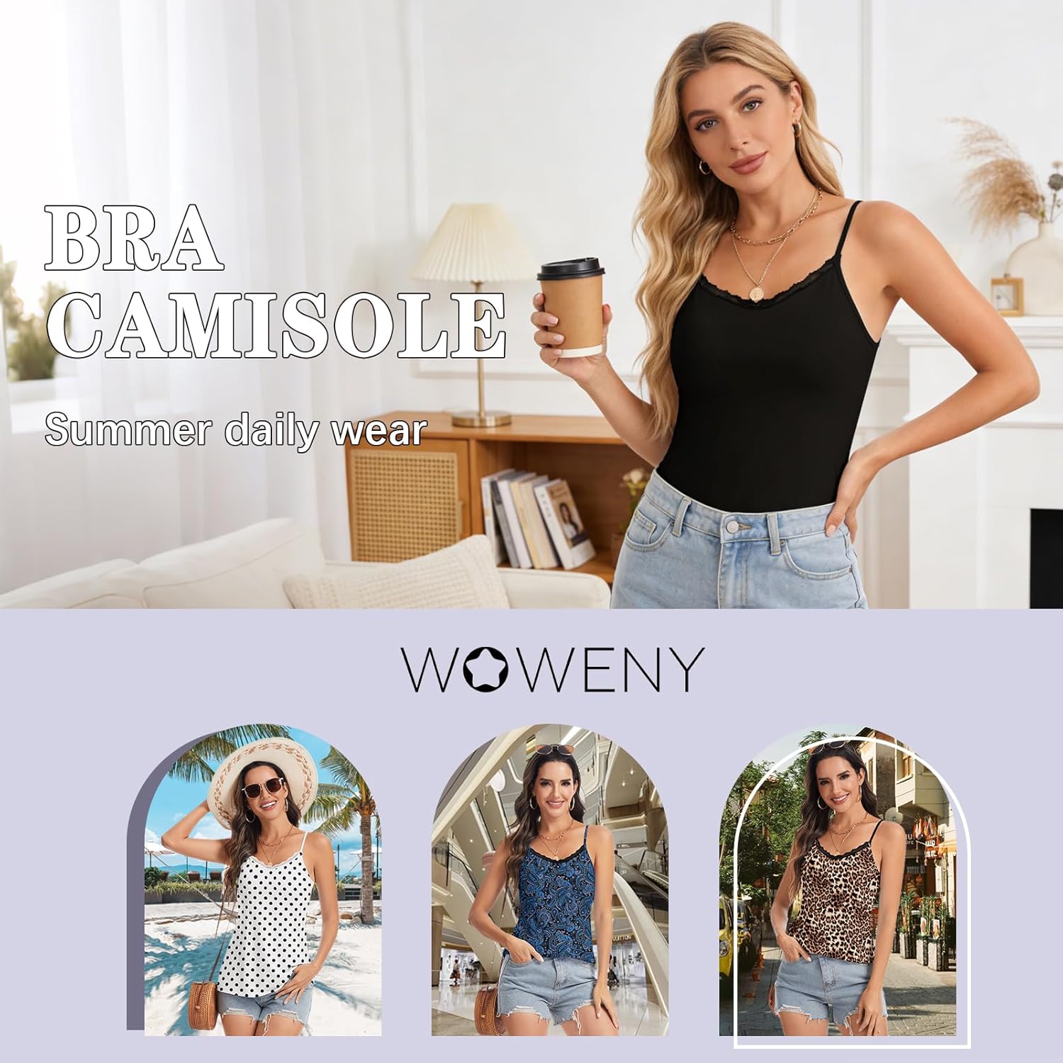 WOWENY Women Lace V Neck Tank Top with Built in Bra Spaghetti Strap Dressy Casual Summer Camisole Padded Sexy Going Out Cami