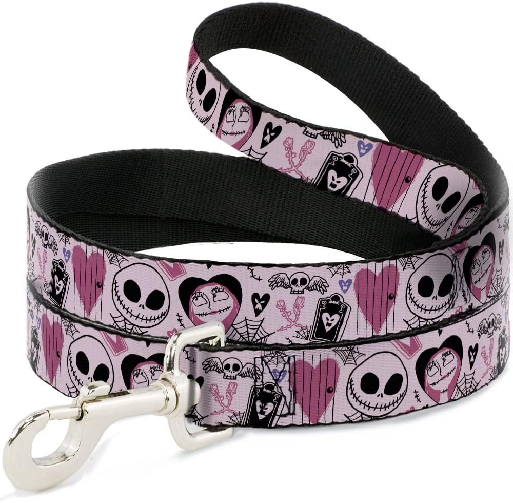 Disney Pet Leash, Dog Leash, The Nightmare Before Christmas Jack and Sally Doodles Pink, 6 Feet Long 1.0 Inch Wide