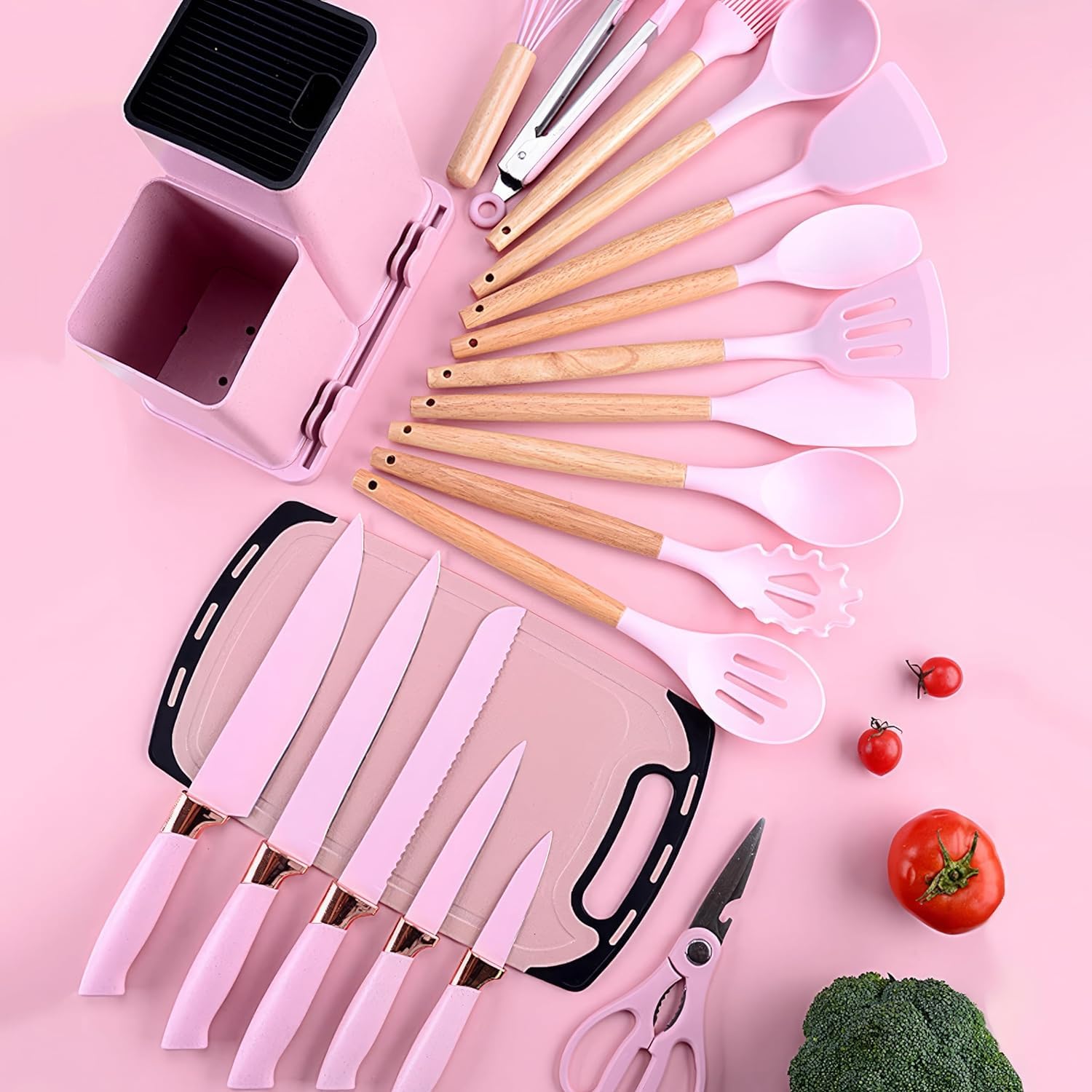 Set di utensili da cucina, 19 utensili da cucina in silicone con supporto, set di coltelli da cucina per cucina, utensili e gadget da cucina antiaderente con manico in legno (rosa
