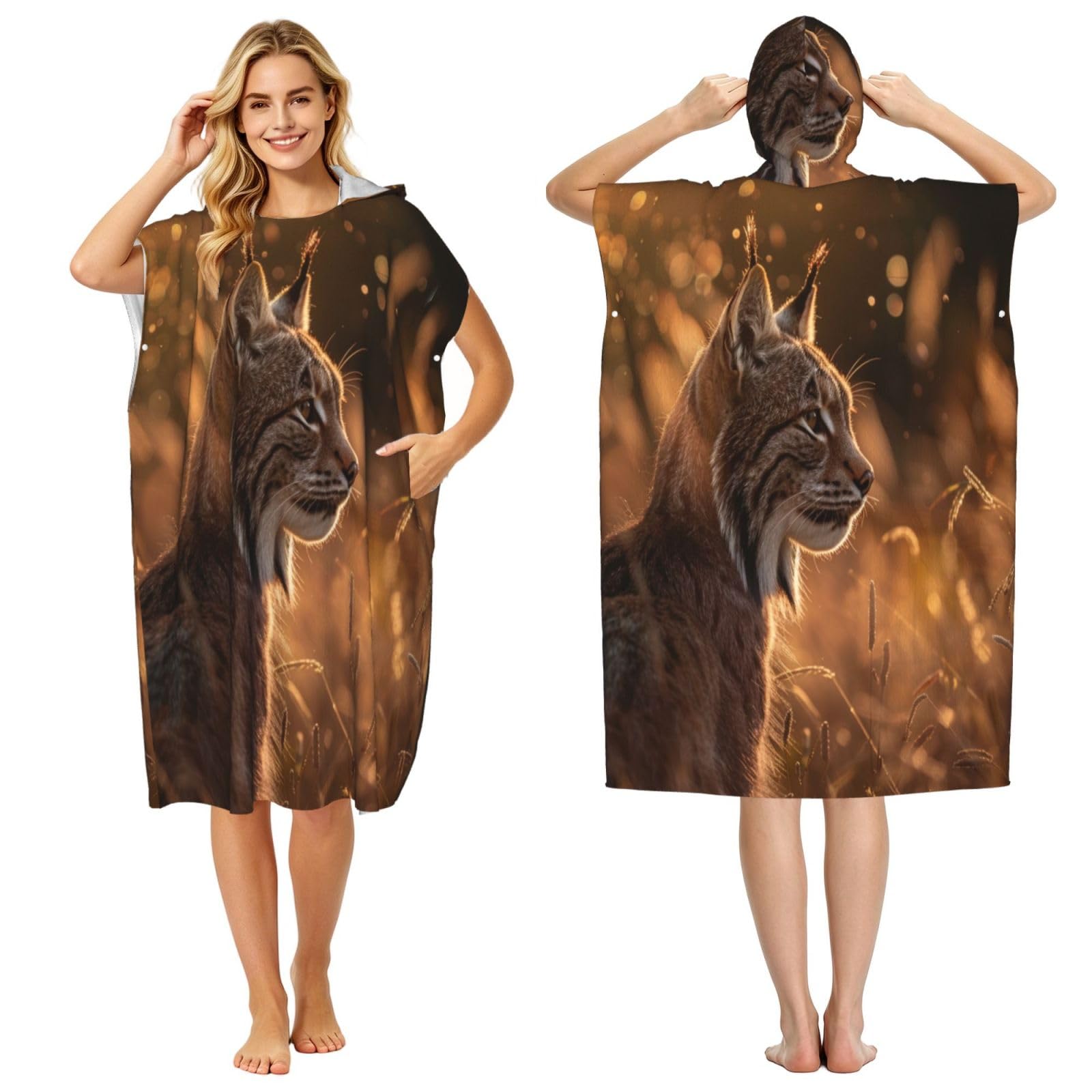 KLGRTJHK The Lynx Of The Grassland Adult Hooded Beach Poncho Towel 43"X35"