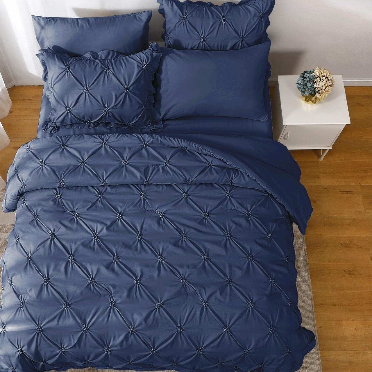 JOLLYVOGUE Navy Blue Full Size Comforter Sets 7 Pieces, Pintuck Bed in a Bag Comforter Set for Bedroom, Bedding Comforter Sets with Comforter, Sheets,Ruffled Shams & Pillowcases - Image 3