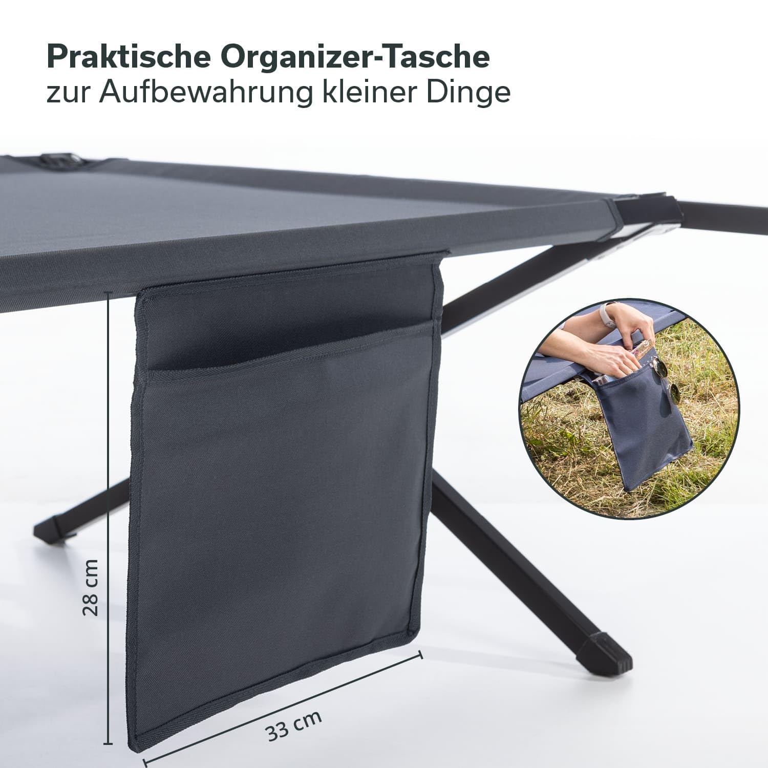 Skandika Campingliege Mutenia | Klappbare Sonnenliege mit Organizer-Tasche, max. 200 kg, 210 x 75 cm, Anti-Rutsch-Füße, Tragetasche | Feldbett Outdoor, Camping, Strand, Garten