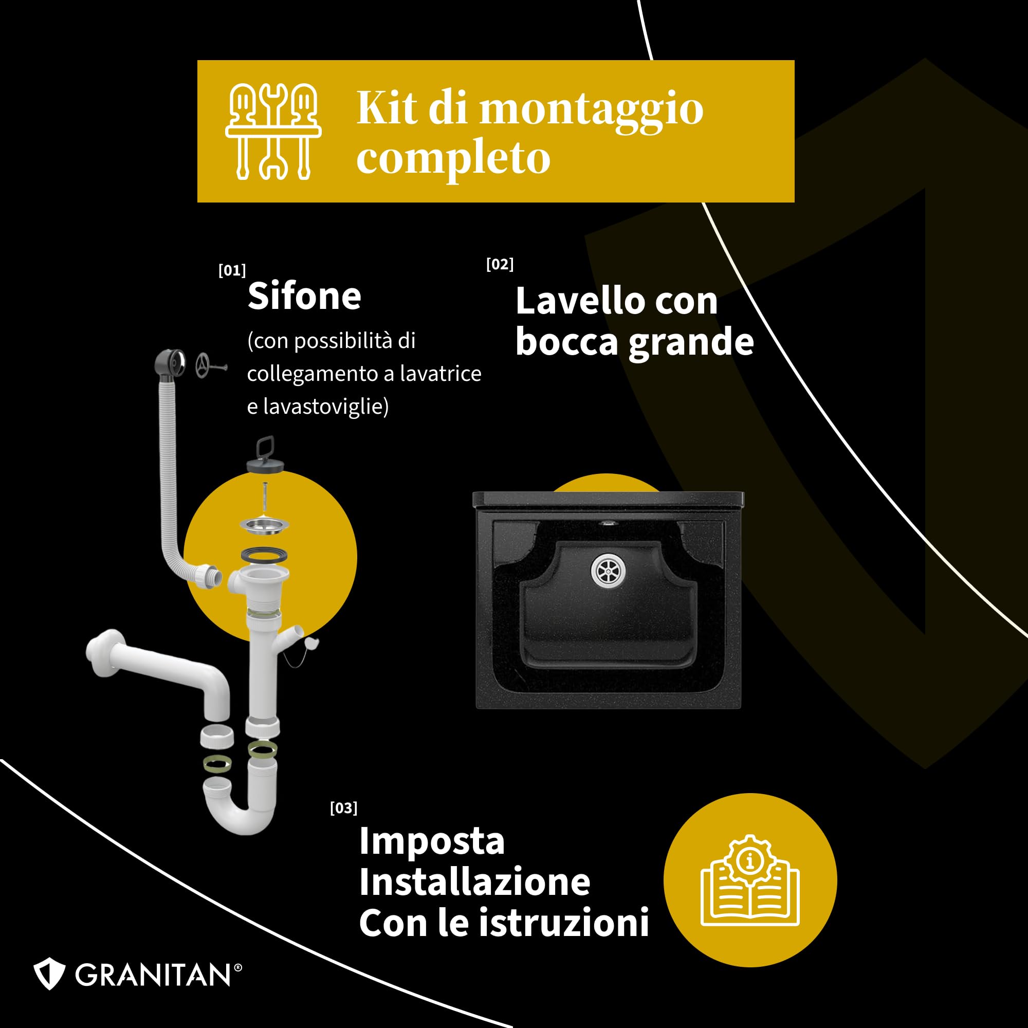 Set Lavandino + Sifone + Rubinetto - Lavatoio da Esterno 42x 34x24 cm - Lavandino esterno per lavanderia, garage, giardino - Lavabo Resistente agli acidi e alle sostanze chimiche - Bianco - Granitan