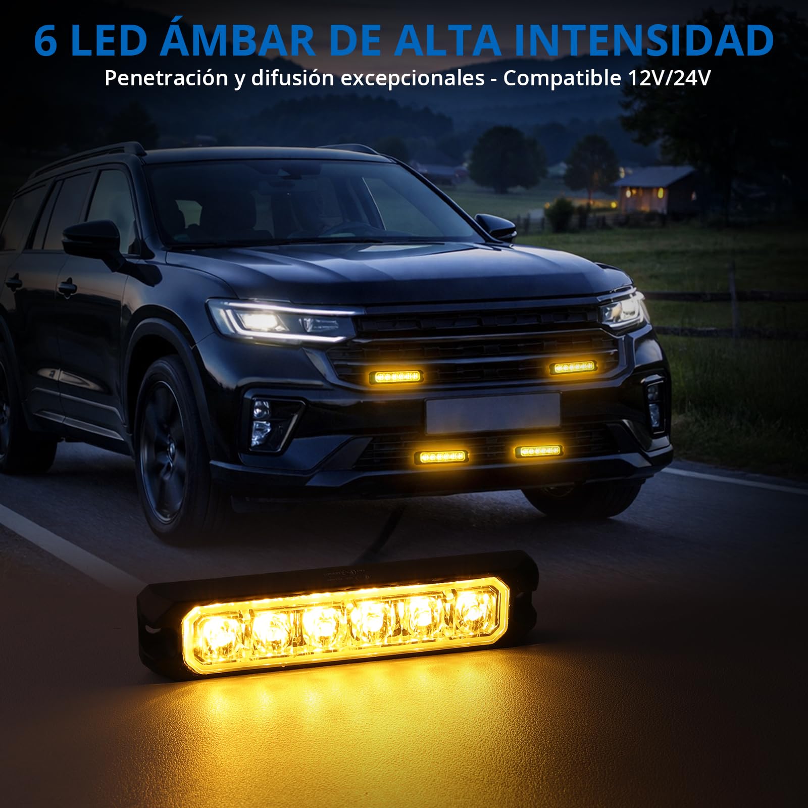 Kit 4x luces estroboscópicas 6LED 12V/24V, Luces de Emergencia Homologada E57, luces de emergencia, señalización ámbar IP65 para camiones,8 Modo de Flash, furgonetas y vehículos de trabajo