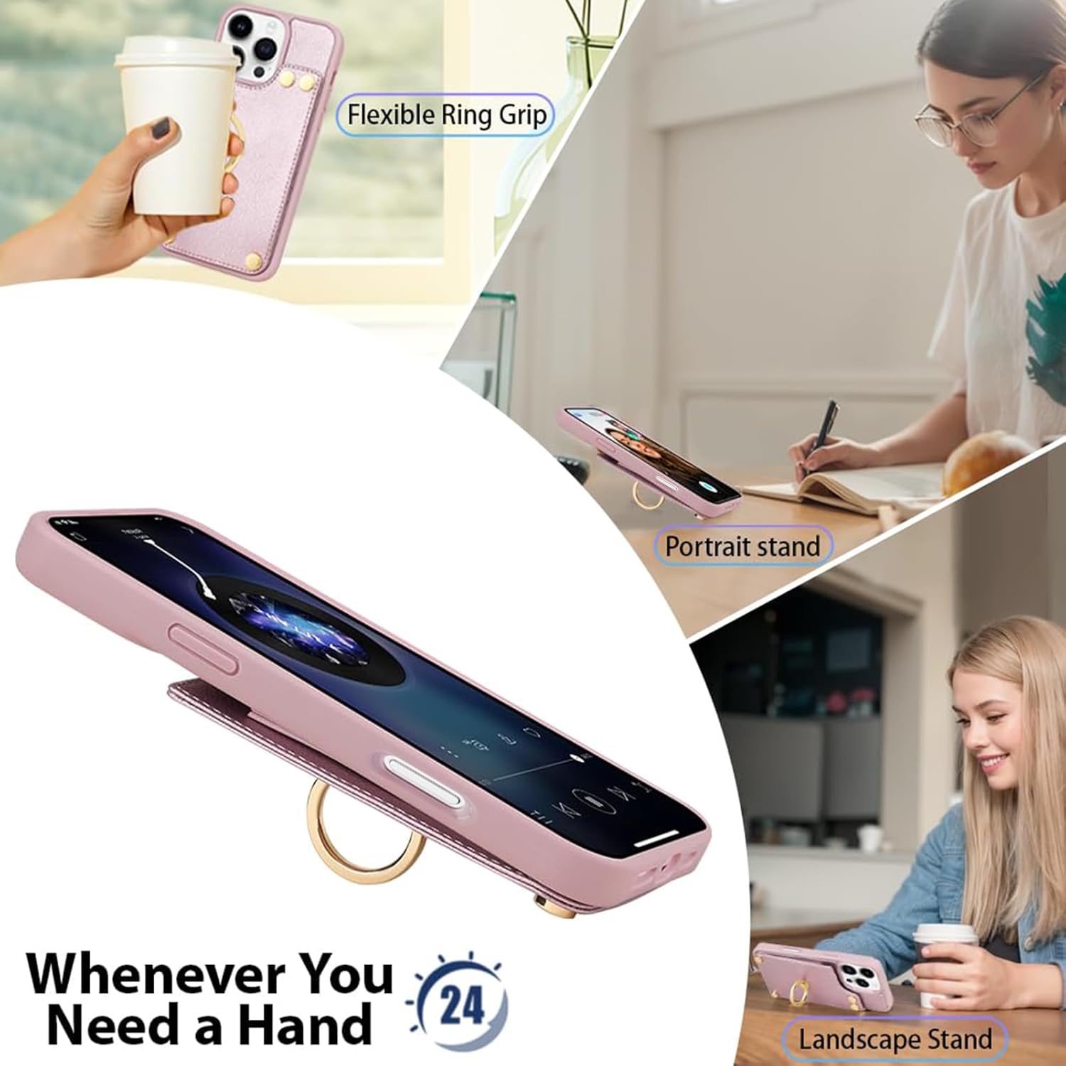 LAMEEKU Compatible with iPhone 16 Pro Max Case Wallet with Card Holder, 360° Rotation Ring Kickstand Leather Protective Case for iPhone 16 Pro Max 6.9'' Rose Gold
