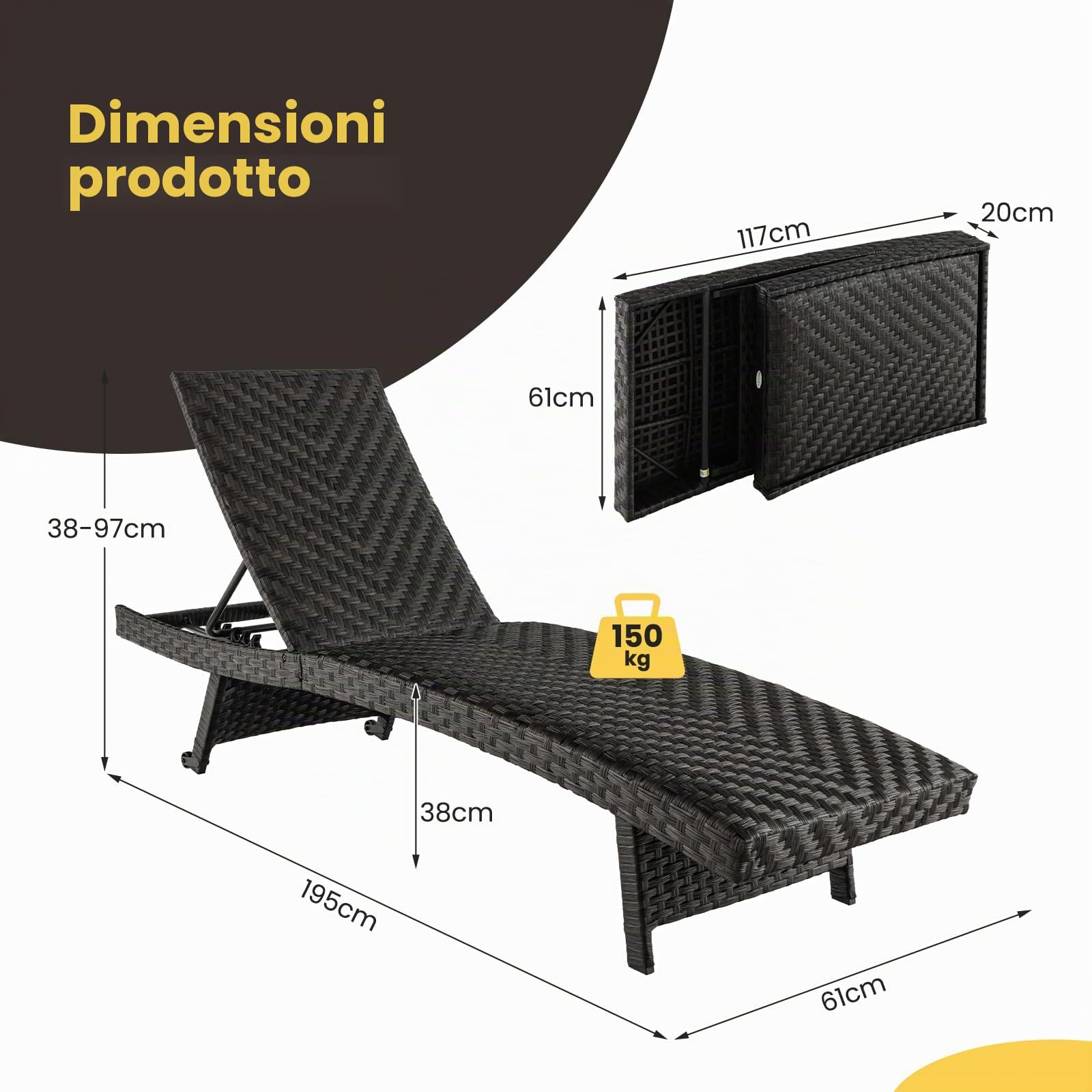 GIANTEX Lettino Prendisole da Giardino in Rattan con Schienale Regolabile | Sedia a Sdraio Imbottita con 5 Posizioni, Ruote Posteriori e Telaio in Metallo
