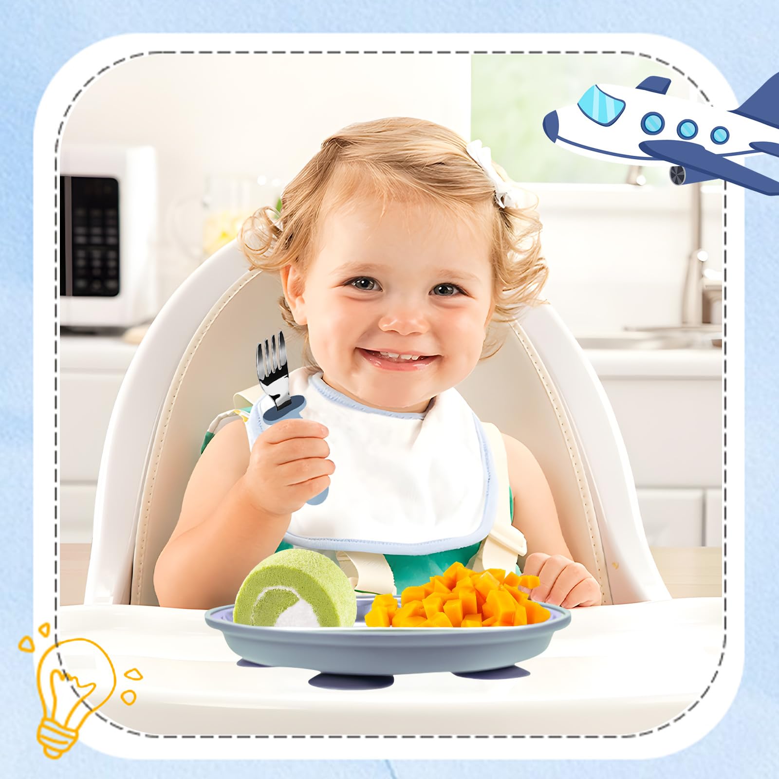 Set d'Assiettes Compartimentées pour Bébé – Assiettes en Acier Inoxydable avec Ventouse en Silicone, Couverts Bébé, Vaisselle Enfant pour Repas Sans Débordement, Sans BPA – Inclut Cuillère & Fourchett