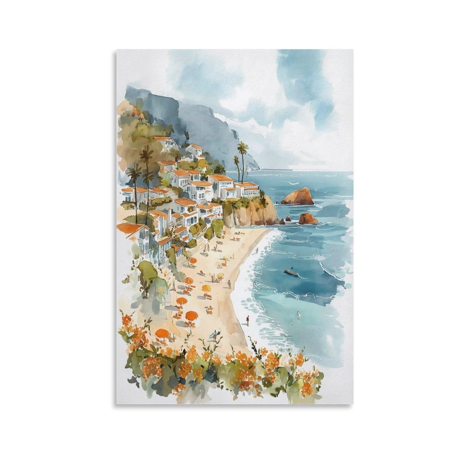 XWYMXZ Laguna Beach Watercolor Painting Posters 20x30inch(50x75cm) Vintage Watercolor Canvas Art