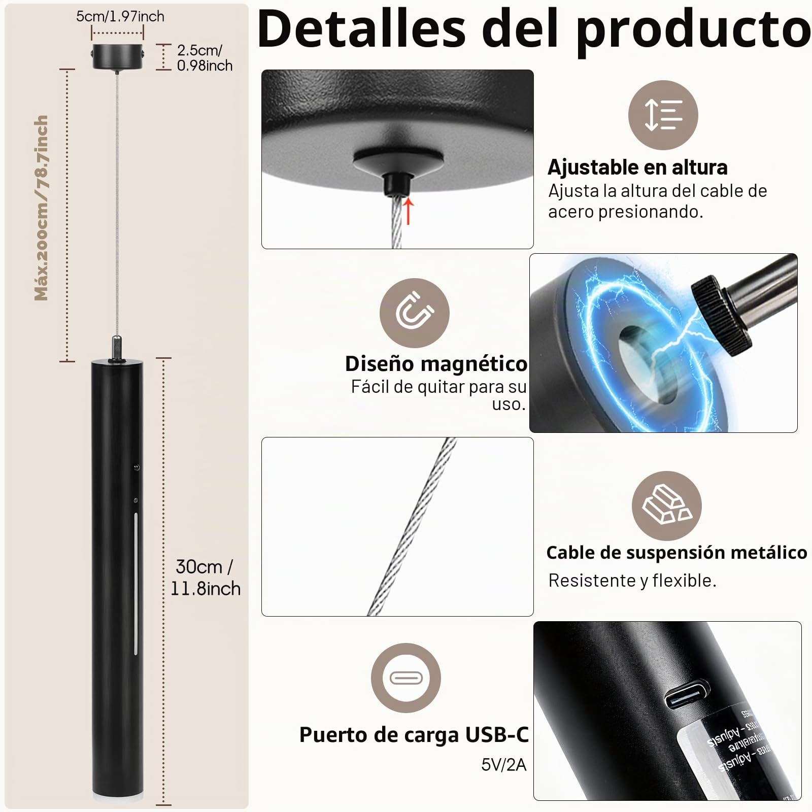 Lámpara Colgante con Bateria, Lámparas Colgantes LED Modernas Diseño, Luz inalámbrica, Recargable USB 5000mAh y Mando a Distancia, Para Cocina, Comedor, Dormitorio, Salón (Negro-2)