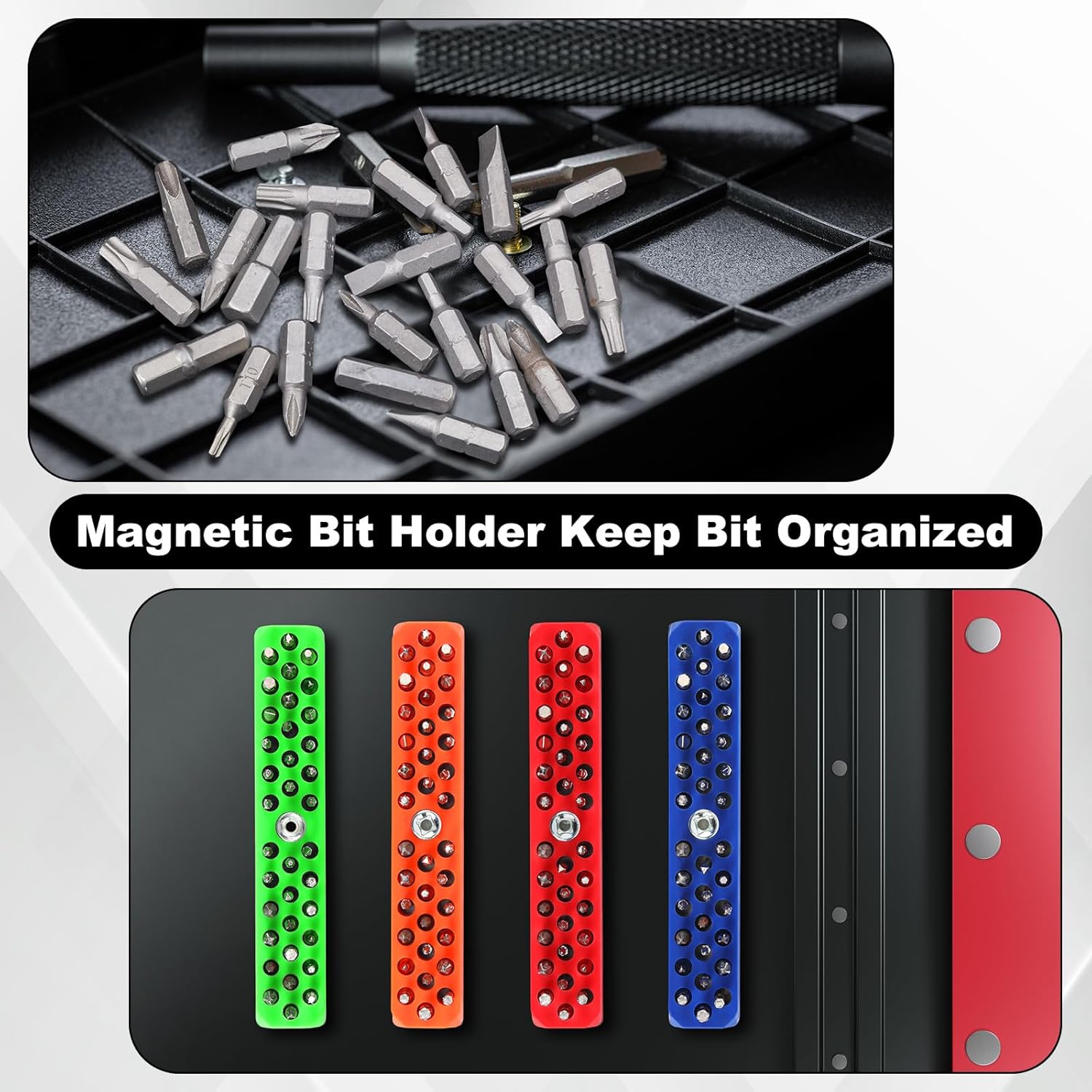 8 Pcs Magnetic Drill Bit Holder Hex Bit Organizer for 1/4 Inch Screwdriver Bits Storage, 37 Holes Bits Tool Organizer with Magnetic Base, Red, Blue, Orange and Green (Tools Not Included)