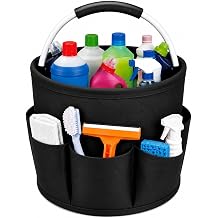 UFORU Cleaning Caddy with Handle, 17L Foldable Cleaning Supply Organizer with 6 Pockets, Portable Cleaning Products Basket, Oxford Fabric Storage Caddy for Home, Garden, Camping, Black