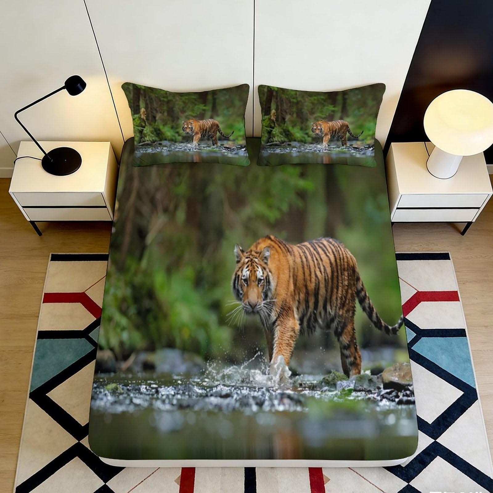 Uynsixtme Style-2 3D Printed Tiger Forest Fitted Sheet Microfiber Deep Pocket Non-Slip Bedding Tiger Mattress Fitted Cover Elastic Hem Washable Bedroom Home 90X200x25cm