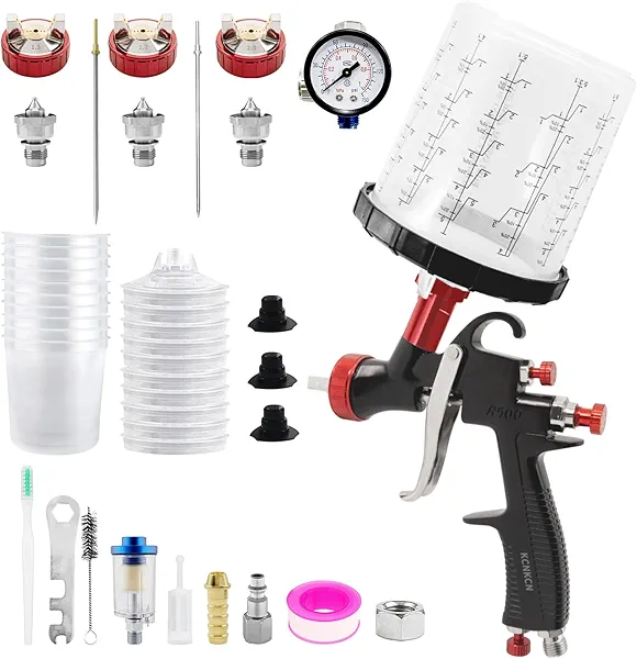 KCNKCN R500 LVLP Air Spray Gun,with 1.3/1.7/2.0mm Nozzles, 650ml Mixing Cup& 10x Disposable Cups, Paint Gun Sprayer, Automotive Paint Gun for House, Car, Furniture, Fence, Varnish& Top Coat(Black)