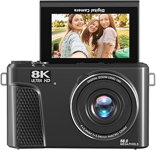 Digital Camera for Photography, 88MP 8K 18X Zoom Video CCD Camera, WiFi Connection, 3 Inch 180 Flip Screen, 32GB TF Card & 2 Batteries (Black)