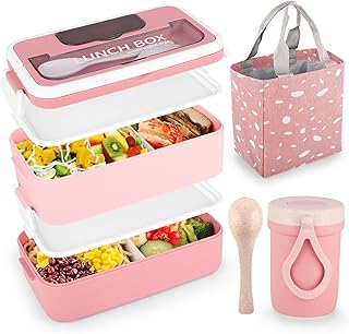VEIOK Lunch Box, 1600ml Bento Box with Bag and Cutlery, Lunch Box with Compartments, Leak-Proof Bento Lunch Box, Lunch Box for Adults, Kids, Sandwich Box for School Office (Pink)