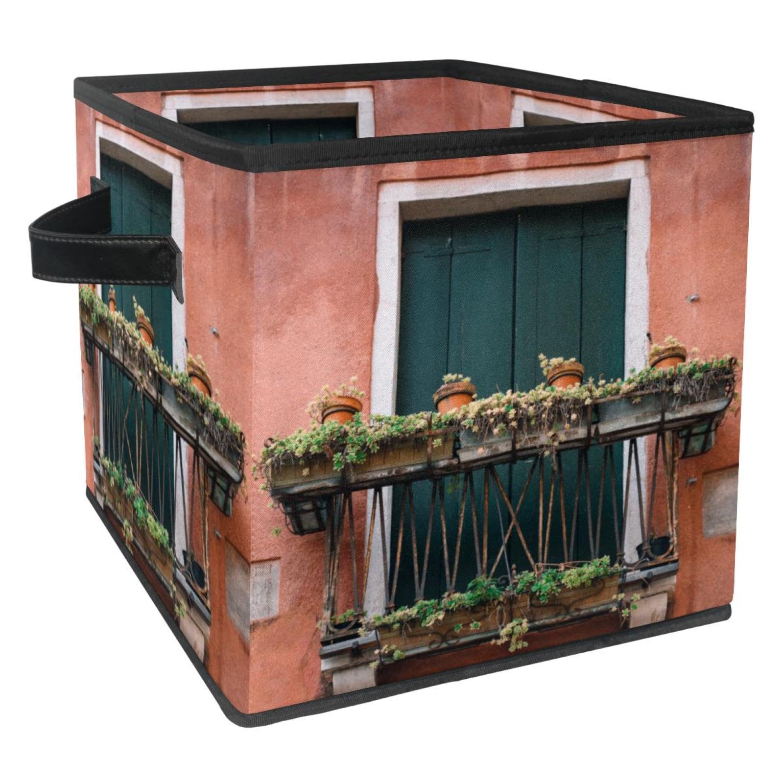 Panier de rangement en tissu avec poignées solides et motif fenêtre bois