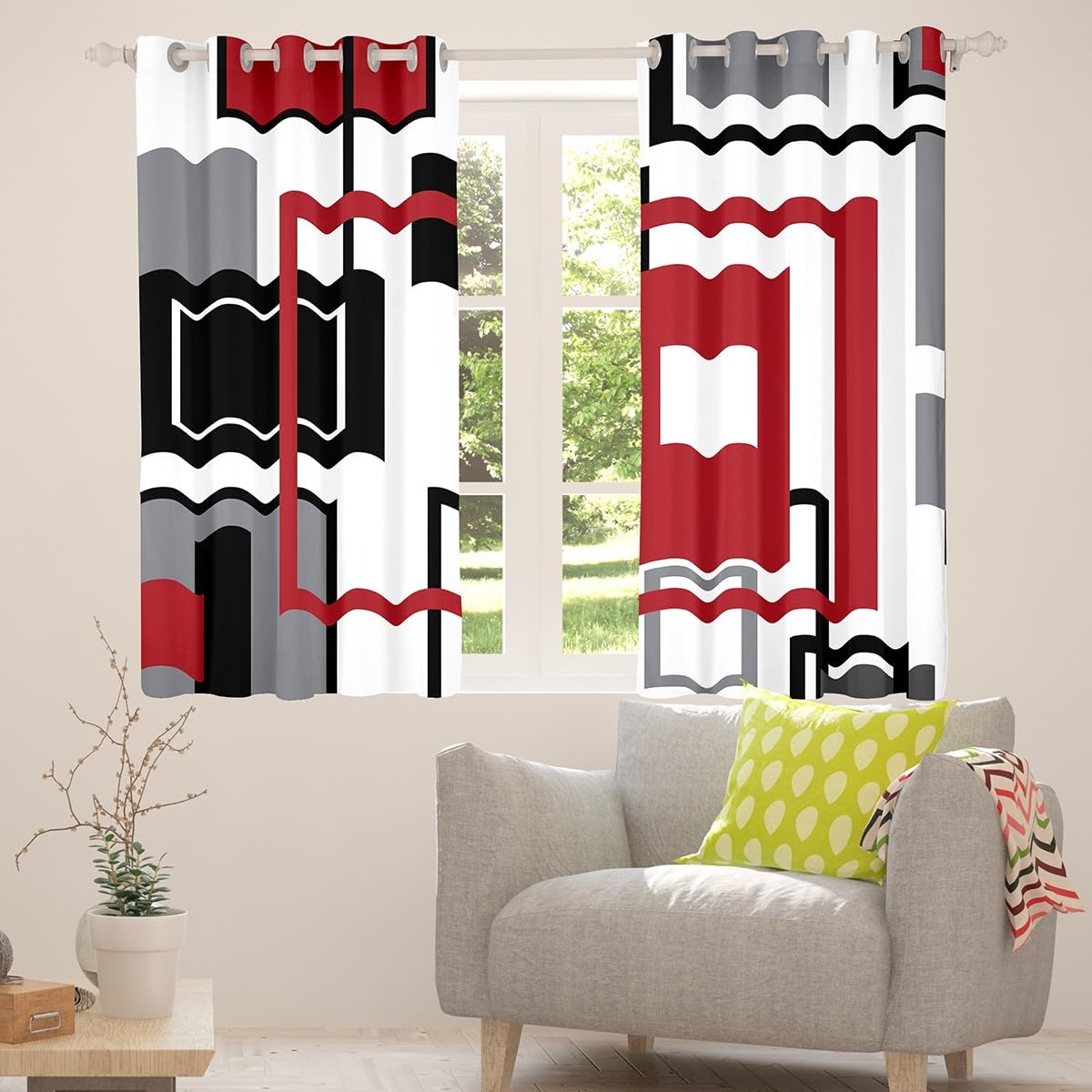 Homewish Red Black White Grey Blackout Curtains for Kids Boys Girls Bedroom,Geometric Square Window Curtains 66x90 Striped Window Curtains Modern Abstract Window Treatments 2 Panels - Image 3