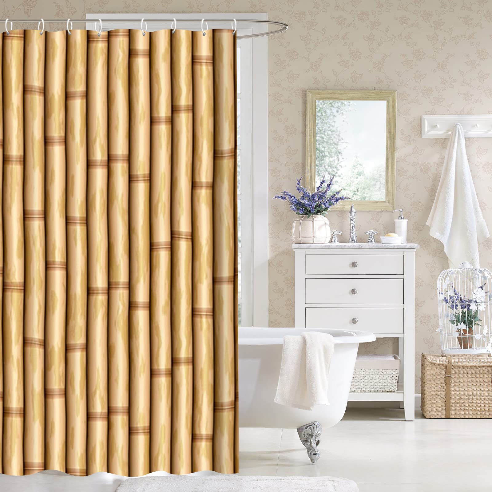 AMDXD Duschvorhang 180x200cm, Verwelkt Bambus Badewannenvorhang aus Polyester Stoff mit 12 Duschvorhangringen, für Badewanne Badezimmer, Waschbar, Schnelltrocknend, Anti-Schimmel, Braun 71X79″