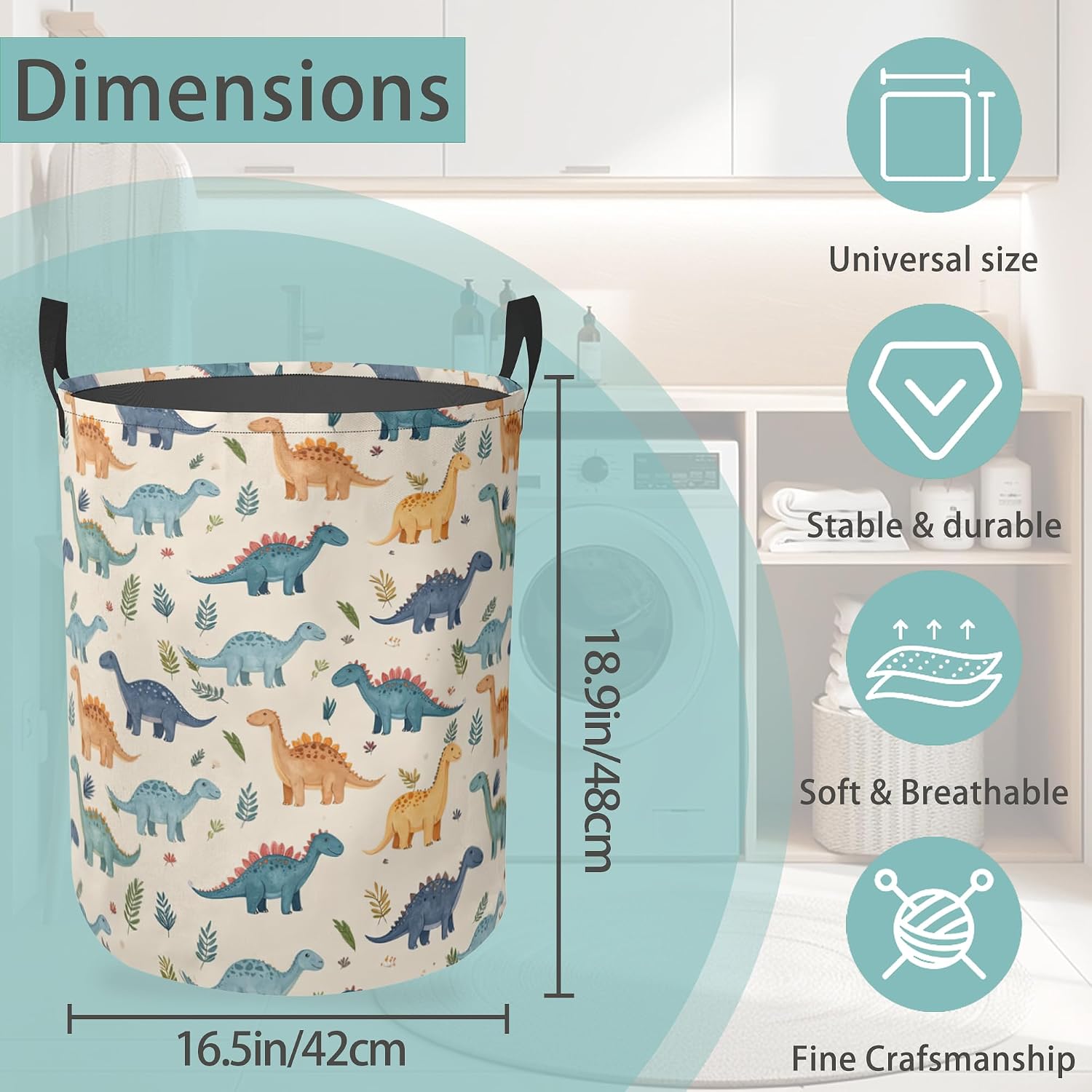 Laundry Basket With Handle, Dirty Clothes Laundry Hamper, Oxford Cloth Bin Storage Organizer for Toy Collection (Cute Dinosaur)