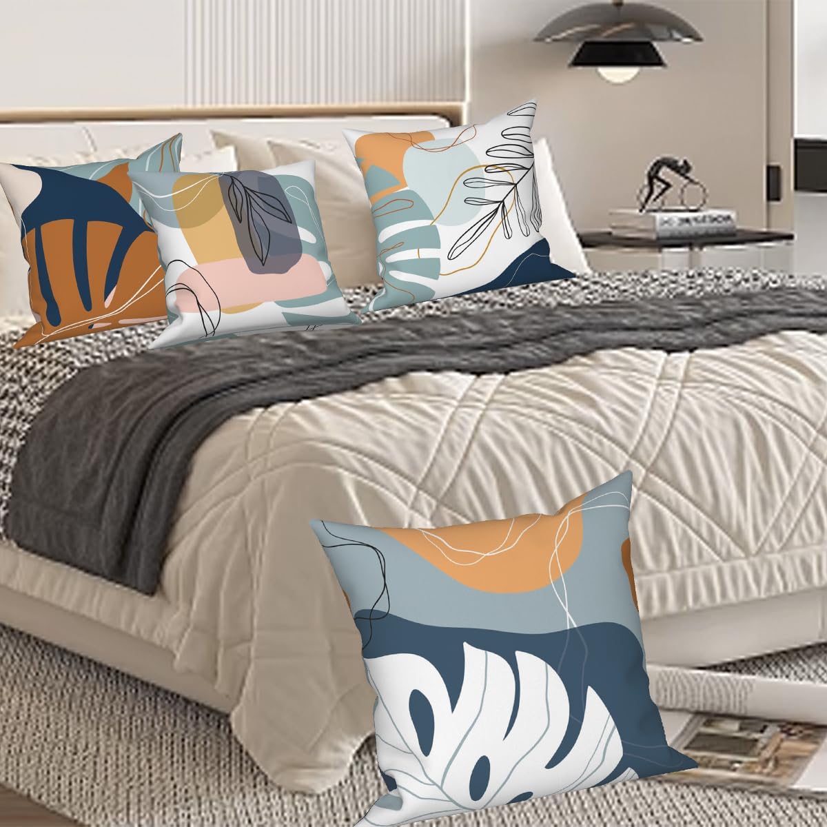 Abstract Palm Leaves Pillow Covers 18''x18'' Set of 4, Modern Geometric Line Pattern Cushion Covers Decorative Tropical Print Pillow Cases for Couch Sofa Bedroom Farmhouse Garden Patio