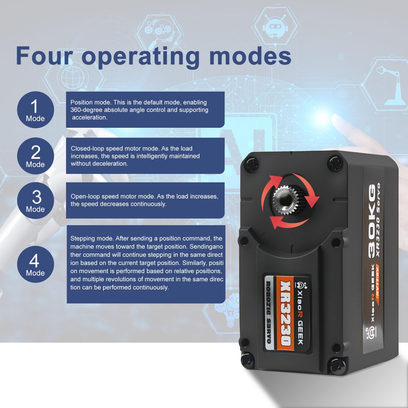 XR3230 - Servomotor de bus serial de alto par de 30 kg, doble rodamiento de metal completo para robot RC, ángulo de control de 360°