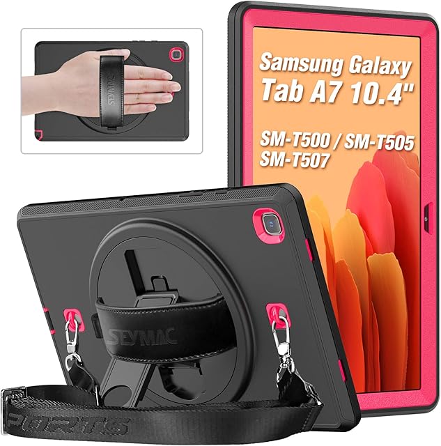 SEYMAC Samsung Galaxy Tab A7 Case 10.4 Inch SM-T500/SM-T505/SM-T507, Shockproof Full Body Protective Case with 360 Rotating Hand Strap & Stand, Screen Protector, Shoulder Strap, S Pen Holder, Pink