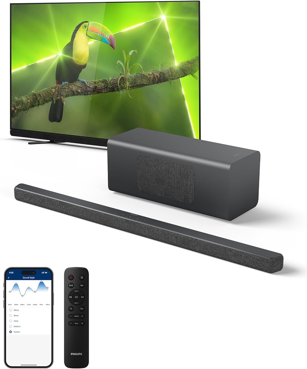PHILIPS B6309 2.1 Channel Soundbar with Wireless Subwoofer,3D Surround Sound with DTS Virtual:X & Dolby Atmos,Easy Setup with Roku TV Ready™,APP or Remote Control,HDMI eARC,Slim Design,Dark Grey : Electronics