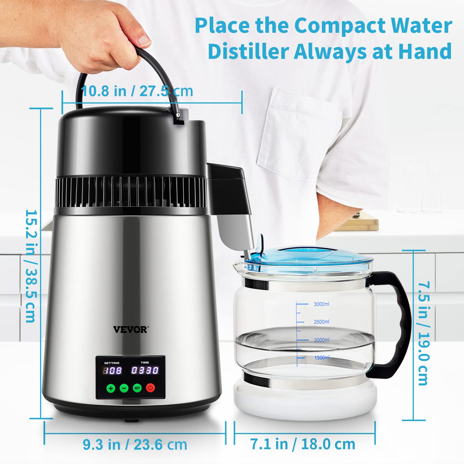 VEVOR Distillatore d'Acqua Volume della Canna 4L 750W, Distillatore per Purificazione dell'Acqua 1 L/H con Contenitore in Vetro, d'Argento per Cucina Uffici, Lab, Ospedali, Cliniche Dentistiche, ecc.