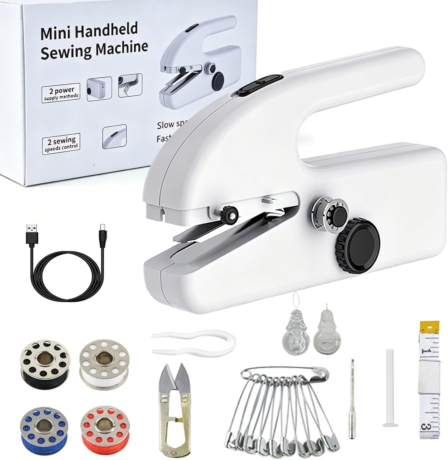 Mini Sewing Machine, Handheld Portable Electric Stitcher with 2 Speeds and Sewing Kit for Beginners and Adults, Battery or USB Powered Repair Tool for Clothes, Fabric, DIY and Travel(White)