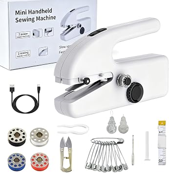 Mini Sewing Machine, Handheld Portable Electric Stitcher with 2 Speeds and Sewing Kit for Beginners and Adults, Battery or USB Powered Repair Tool for Clothes, Fabric, DIY and TravelWhite