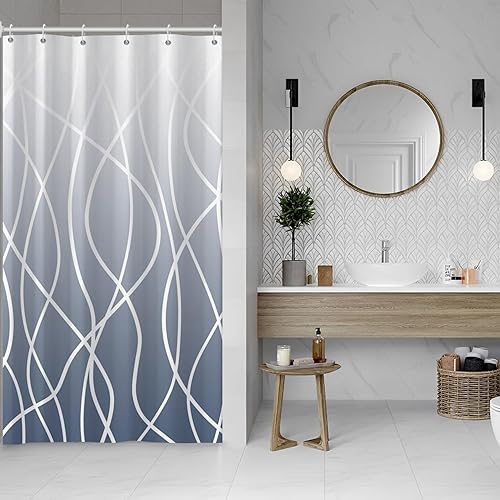 Miniatura 25 de Cortina de ducha pequeña a rayas gris claro degradado para baño, 36 x 72 pulgadas, juego de cortina de ducha geométrica para cabina de RV con Gris