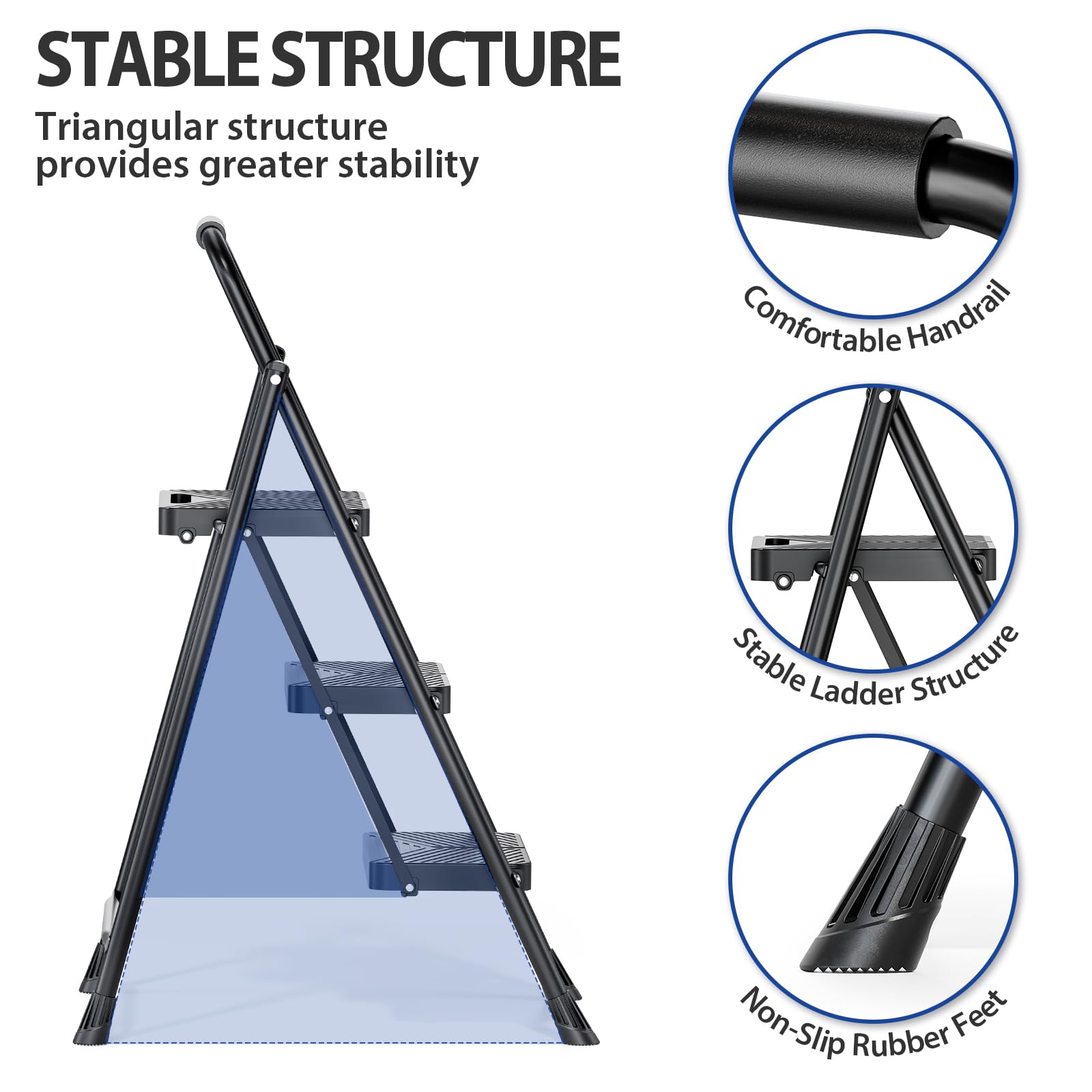 KINGRACK Scala a 3 gradini, scala pieghevole in acciaio con corrimano, pedali larghi antiscivolo, design con blocco di sicurezza, scala resistente per carichi fino a 226 kg, scala portatile per uso