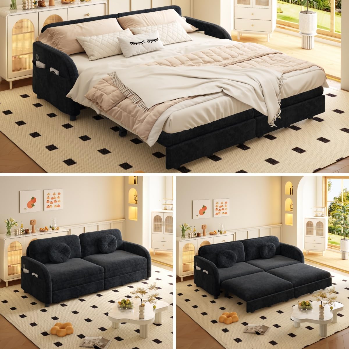 65.4'' Sleeper Sofa Bed Queen Size, 3in1 Convertible Pull Out Couch, Black | Modern Chenille Upholstered Loveseat, USB Charging, Side Pockets, 2 Pillows, for Living Room, Small Spaces, RV, Apartment