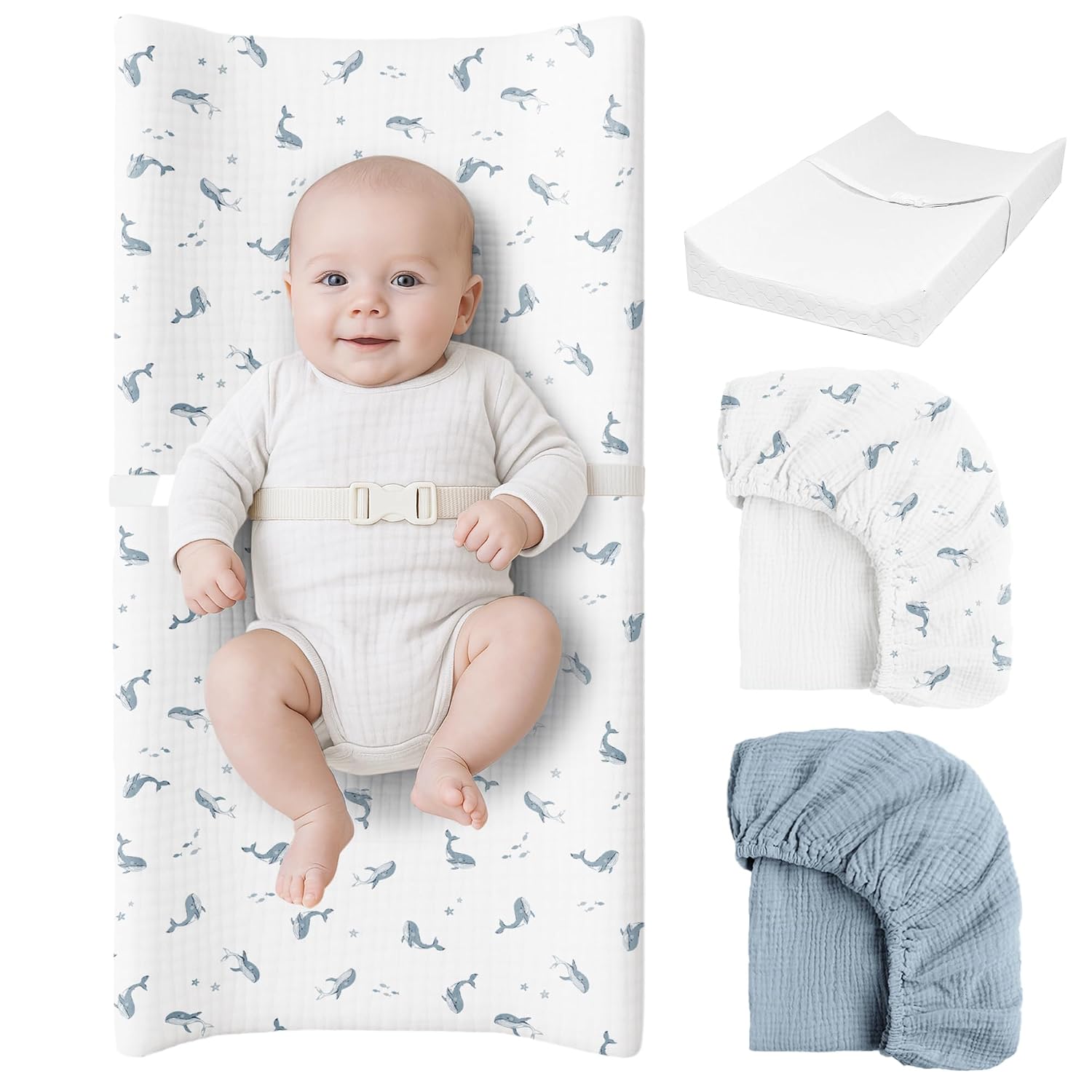 Konssy Muslin Changing Pad with Waterproof Lining Foam, Includes 2 Pack Soft & Cotton Cover, Baby Diaper Changing Pad for Dresser or Table, 32x16 inches (Little Whales, Blue)